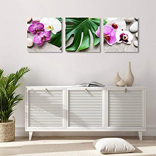 Quadri L&C ITALIA Peintures Salle de Bains Moderne Zen avec Fleurs Blanches Pierres et Feuilles - Peintures murales 25 x 25 Impression sur Toile - Tris Orchidée Blanc Violet