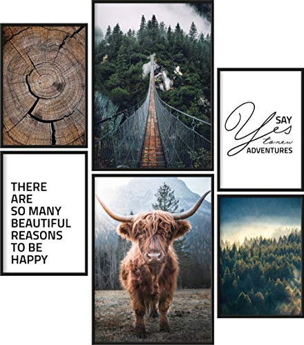 Papierschmiede® Mood Poster Set Wildnis, Bilder Wohnzimmer Deko Schlafzimmer, 2x DIN A4 und 4x DIN A5, Galloway Rind Hochland Natur Wald Holz Grün - Wandposter ohne Rahmen