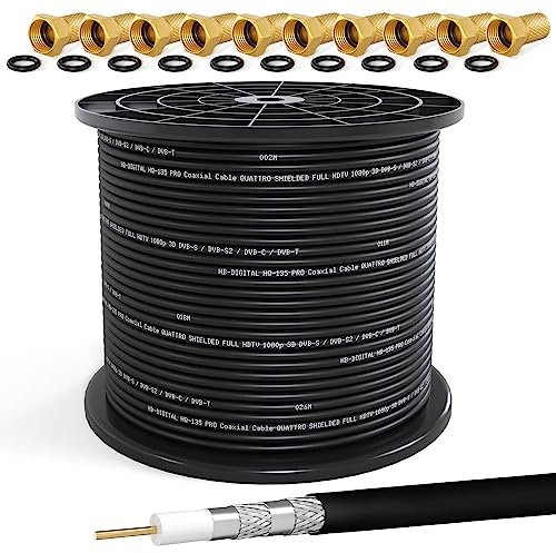 HB-DIGITAL 250m SAT Koaxial Kabel 135dB 8K 4K UHD 4-Fach geschirmt für DVB-S / S2 DVB-C / C2 DVB-T / T2 DAB+ Radio + inkl. 10x vergoldete F-Stecker BK Anlagen - Stahl/Kupfer Innenleiter - Schwarz