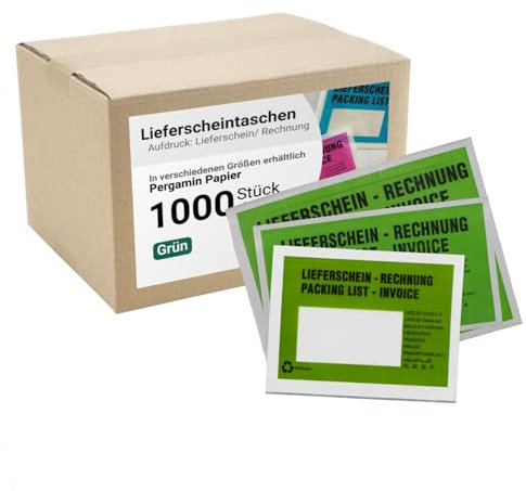 dm-folien Lieferscheintaschen DIN LANG I 1000 Stück I Selbstklebende Versandtaschen mit Aufdruck I Grüne Versandunterlagen für Lieferscheine & Rechnungen I Versandzubehör aus Pergamin-Papier