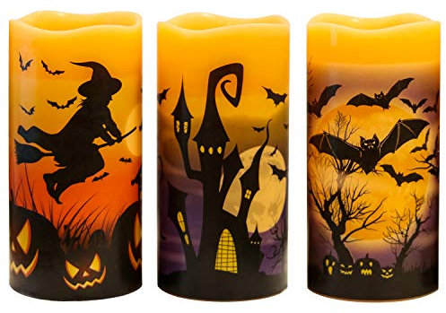 Eldnacele Halloween Flameless Pillar Candles with 6H Timer, Battery Operated Real Wax LED Candles with Bats, Castle, Witch Pattern for Horror Spooky Halloween Decoration Gift Pack of 3