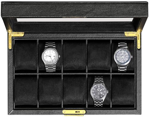 ROTHWELL Uhrenbox aus Leder mit 10 Fächern – Luxus-Uhrenetui, Veranstalter Uhrenaufbewahrung, Ultraweiches Mikro Wildlederimitat Futter, Abschließbarer Schmuck-Uhrenhalter mit Großer Glasplatte