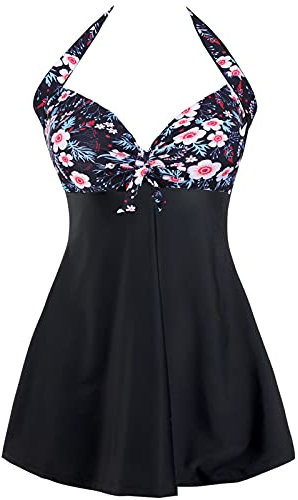 Sixyotie Traje de baño Cuello Una Pieza Monokini con Shorts de Seguridad Mujer Bañador con Falda Tamaño Grande Tankini (Pink Flower, EU 50-52(Tag 6XL))