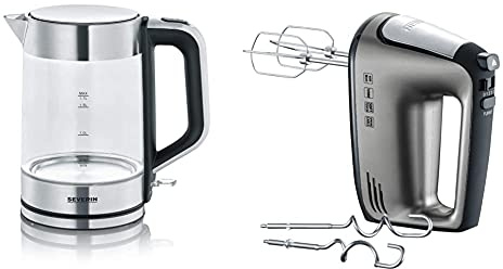 SEVERIN 3420-000 WK 3420 Wasserkocher, 2200, 1.7 liters, Glas-Edelstahl-gebürstet/schwarz & Handmixer mit Spiralkabel, ca. 400 W, HM 3832, Silber/Schwarz