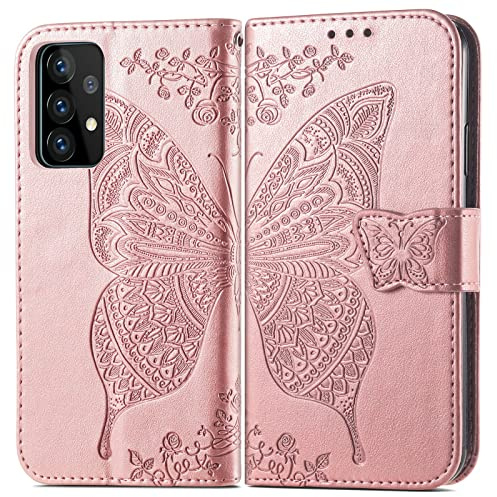 Roar Handyhülle für Samsung A72 Handy Flip Case Schmetterling Roségold | PU Leder Klapphülle im Schmetterling Blumen Design: 3 Kartenfächer, Geldfach, stoßfeste Handytasche, Magnetverschluss