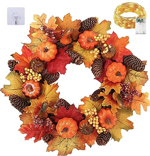 MISHAER Retro Halloween 45cm Artificial Wreath Maple Leaves Pumpkin Flower Garland Autumn Halloween Thanksgiving Day，Autumn Door Wreath Decorations (45CM)