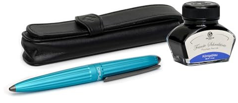 Diplomat Aero Füllhalter Set in türkis mit Edelstahlfeder M, Füllhaltertinte in Königsblau und Stift-Etui aus Echtleder, Füllfederhalter, Füller