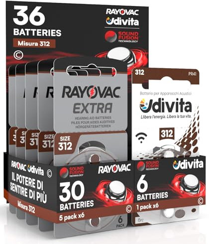 36 Piles pour appareils acoustiques Rayovac Extra Advanced 312. 36 Piles : 30 Rayovac + 6 Udivita