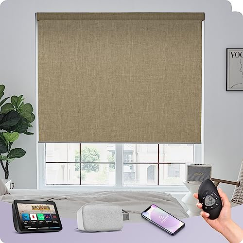 Graywind Customised Smart Blackout Roller Blinds Compatible with Alexa Google, Thermal Insulated Rechargeable Electric Blinds with Remote, Triple Weaved Fabric Motorised Window Shades, Coffee