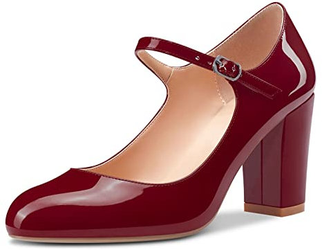 Castamere Donna Medio Chunky Blocco Tacco Heel Rotonda Punta Pumps Mary Jane Cinturino alla Caviglia Ufficio Feste Dress Scarpe 8.5 CM Heels Borgogna Rosso 39 EU