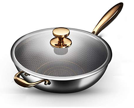 PURRL Wok-Antihaft-Edelstahl-Haushalt Keine Beschichtung Weniger Rauch Multifunktions-Induktionsherd Gas zum Kochen Bratpfanne (Size : 32Cm) (34Cm) Little Surprise