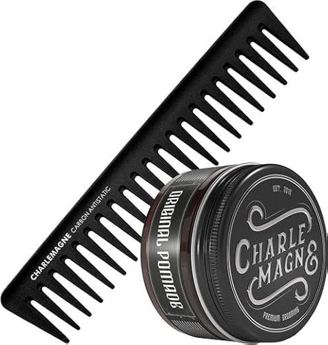 Charlemagne Haarstyling Bundle - Bestehend aus Styling Kamm Carbon & Original Pomade Herren - Haarstyling Männer Geschenkset - Pflegeset Männer Haarpflege mit Haarwachs & Styling Kamm