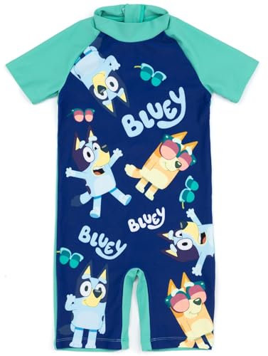 Bluey Boys Swimsuit | Childrens All in One Surf Suit Swimming Costume | Blue & Green Bingo Dog with Sunglasses Swimwear Bodysuit | Short Sleeve Fun Beachwear Merchandise Gift for Kids & Toddlers