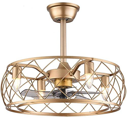 Caged Ceiling Fan with Lights 20'' Industrial Bladeless Ceiling Fan with Remote Control Matte Golden Enclosed Ceiling Fan Light with Silent Motor for Living Room Bedroom Kitchen, 4 E27 Not Bulb
