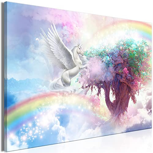 murando - Wandbilder XXL Einhorn 120x80 cm Leinwandbild 1 tlg Kunstdruck modern Wanbilder XXL Wanddekoration Design Wand Bild Regenbogen Baum Wolke Himmel bunt für Kinder e-C-10029-b-a