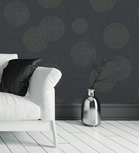 GAULAN 451898 - Dark Grey Geometric Circles and Flowers Embossed Vinyl Wallpaper for Living Room Kitchen Bathroom Bedroom Hallway – Roll of 10 m x 0.53 m