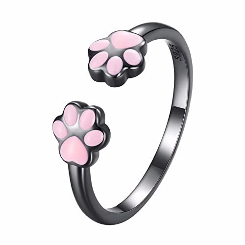Qings Pfotenabdruck Verstellbare Ring 925 Sterling Silber Tiere Offener Ringe Schwarz Vergoldet Rosa Emaille Katze Ring Schmuck Geschenk für Damen Mädchen