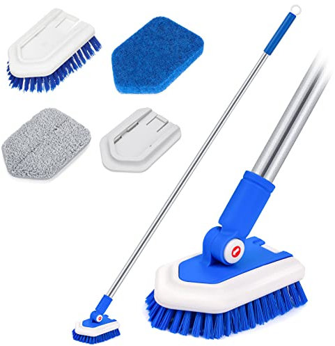 3-in-1 Bad Schrubber mit Stiel für Dusche mit Borstenbürste, Schrubbtuchpad und Microfaseraufsatz, 119 cm Lang Badezimmer Reinigungsbürste zum Reinigen von Badezimmer, Toilette, Balkon