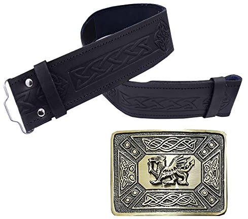 Schottischer Kilt-Gürtel für Herren mit Schnalle, walisischer Drache, Antik-Highland-Metallschnallen, schwarzes Leder, Kilt-Gürtel, keltischer Knoten, Antikes Finish, XL