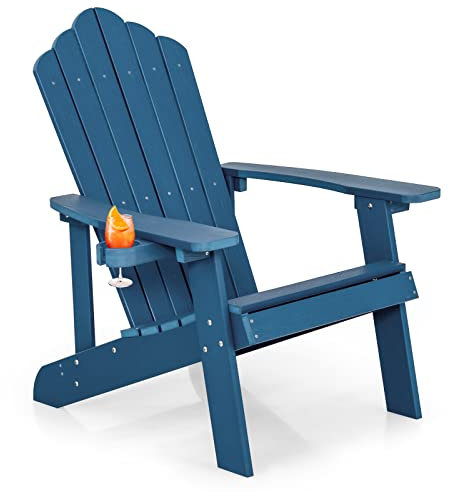 GIANTEX Adirondack Stuhl, Gartenstuhl mit Hochlehner & verstellbarem Getränkehalter, wetterfester Balkonstuhl für draußen, belastbar bis 170kg, 85 x 77 x 94 cm (Blau)