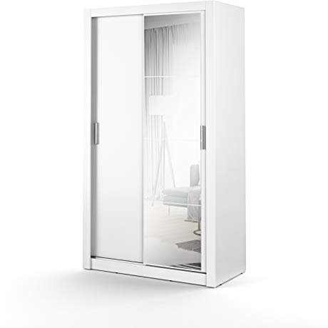 MINIO go for it Arti - Armoire Deux Portes avec Miroir, Largeur 120 cm, Coulisse pour Porte coulissante en Aluminium, Penderie en Panneau stratifié - Blanc