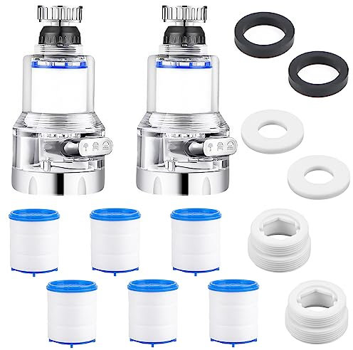 Wasserfilter Wasserhahn Filter 2 Stück Wasserfilter Wiederverwendbare mit extra 6 PP Baumwollfilterelement, 360° Drehbar Tap Water Filter mit 3 Einstellbare Wasserabgabemodi für Küche und Bad