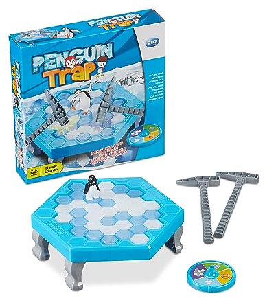 Relaxdays Pinguin Spiel, Kinderspiel ab 3 Jahre, Spielspaß für die Familie, 2–4 Spieler, Eisbrecher-Spiel, blau/weiß