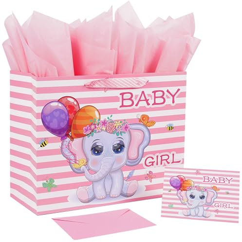 Jaywayang 32 cm große Geschenktüte für Mädchen mit Seidenpapier und Grußkarte für Babyparty, Geburtstag, neue Eltern und mehr.