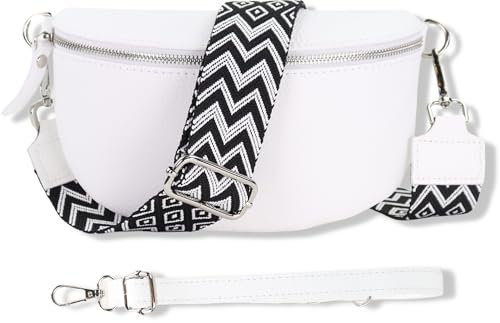 Blade Bauchtasche Damen Echtleder, stylische Gürteltasche Damen mit 2 gemusterten und Leder abnehmbaren & verstellbaren Breiten Gürteln, Crossbody Bag Damen, Hochwertige Tasche für Frauen-WEIß