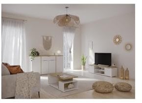 DEMEYERE Ensemble Salon Access : Table Basse + Banc TV + Enfilade 4 Portes - Decor Chene Hamilton et Blanc