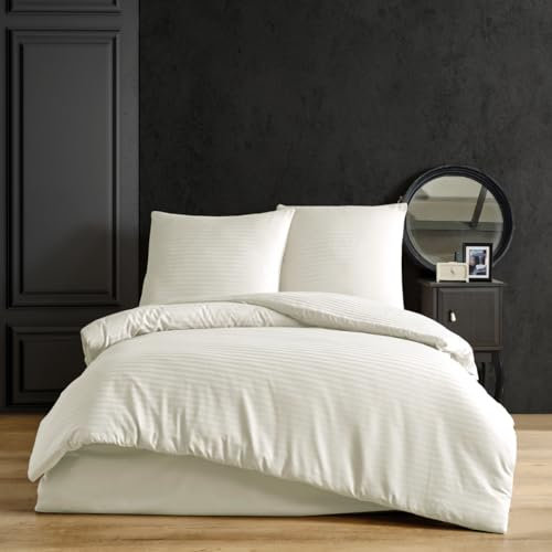 nordqueen Satin gestreift Seersucker Bettwäsche,100% Baumwolle Bettbezug aus Atmungsaktive Winter Bettwäsche Set (Creme, 240X220 cm)