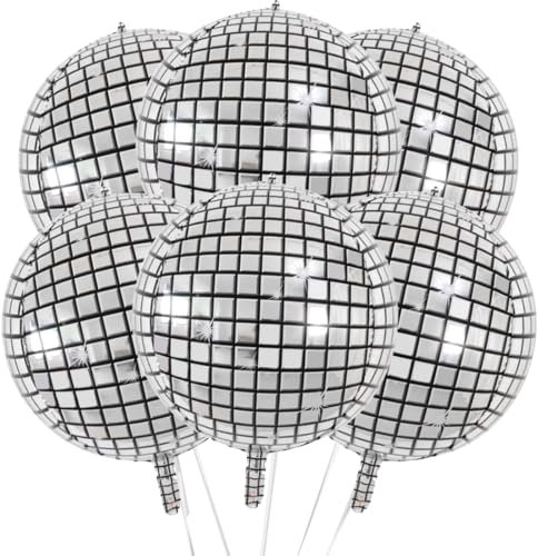 6 Stück Discokugel Luftballon, 22 Zoll 4D Silber Disco Folienballons, Discokugel Deko, Party Deko, Helium Ballon für Silvester Deko Disco Abschlussball Hochzeit Geburtstag Party