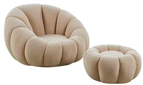 cosyou Sessel mit Hocker weicher Teddystoff - runder Fernsehsessel für Wohnzimmer & Schlafzimmer, Relaxsessel drehbar für entspannte Abende beige weiß rosa - jetzt Farbe wählen (Beige)