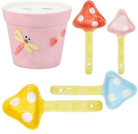 Tazas medidoras de, lindo juego de cucharas medidoras, Juego de cucharas medidoras de champiñones de 4 tamaños en maceta, Juego de cucharas medidoras de tazas medidoras de cerámica para hornear, sal