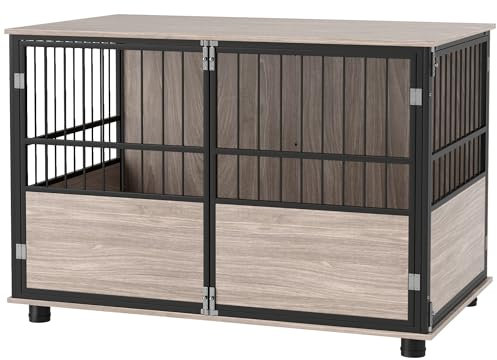 PawHut Dog Crate Furniture, Dog Cage End Table Indoor with 3 Doors, Furniture Style Dog Crate with Soft Washable Cushion, for Large Dogs, 100L x 60W x 68Hcm