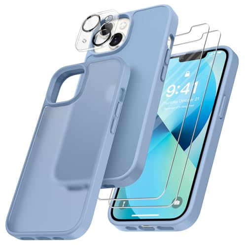 FLLAO 4 en 1 Funda para iPhone 13 6.1, Azul Claro | 2 Protector Pantalla y 1 Protector Lente Cámara, Almohadilla de Aire integrada, Antigolpes Antiarañazos Capa Carcasa