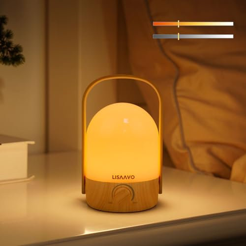 LISAAVO Cordless LED with Portable Handle, Nachttischlampe Dimmbar, 2 Lichtfarben, tragbares Nachtlicht für Schlafzimmer, Wohnzimmer, Büro und unterwegs, für Schlafzimmer und Festdekoration（Holz）
