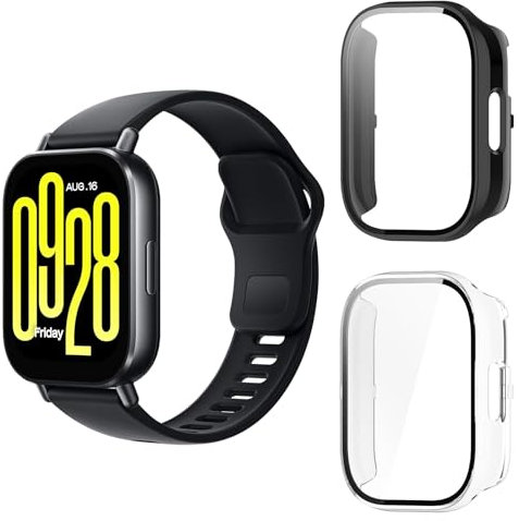 Aerku Custodia Compatibile per Xiaomi Redmi Watch 5 Active, [Con Vetro Temperato] 9H HD Anti-Graffio Custodia Protettiva Telaio Rigida PC Cover Protezione - Trasparente&Nero