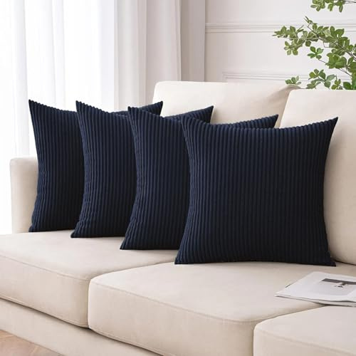 Moonlight Bedding Corduroy Cushions with Covers included Navy Pack of 4 (4 covers, 4 inserts) 45 x 45 cm Decorative Stripe Throw Pillow Cases with Invisible Zipper for Living Room Bed Sofa