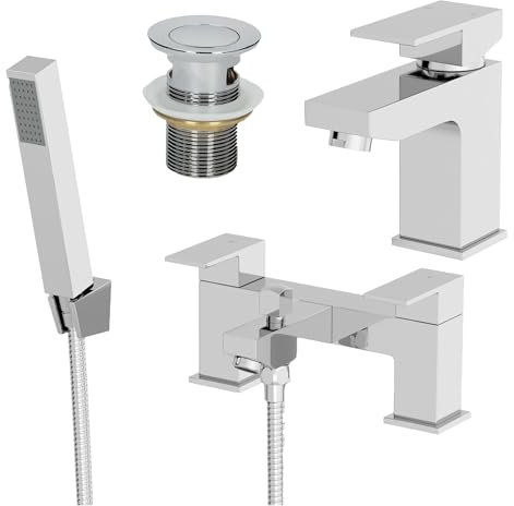 Architeckt® Ibbardo Bathroom Bath Shower Mixer Tap and Basin Tap with Waste Set Deck Mounted Square Twin Lever Handle Modern, Chrome