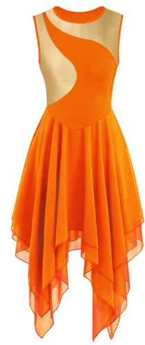 yrsZX Women's Praise Dance Dress Tunic Irregular Flowy Skirt Sleeveless Worship Liturgical Lyrical Dance Costume Tag M, Orange