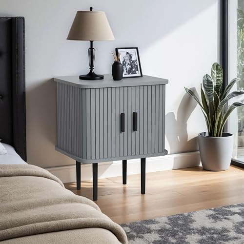 Galano Stanney Side Table – 2 Sliding Doors – Modern Minimalist End Table with Storage for Hallway, Living Room or Bedroom – Compact Console Cabinet – Cool Grey