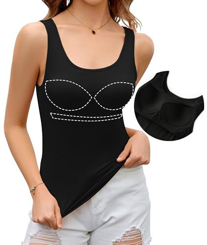 Livonmone Damen Sommer Tank Top Unterhemd Integriertem BH Ärmellose Yoga Workout Oberteil Schwarz M