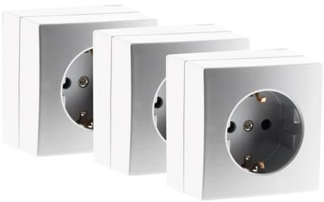 Zenitech, base Schuko 16A, color blanco o plata, pack de 3, compatible con molduras estándar, mecanismo extraíble, instalación rápida y sencilla, montaje en superficie