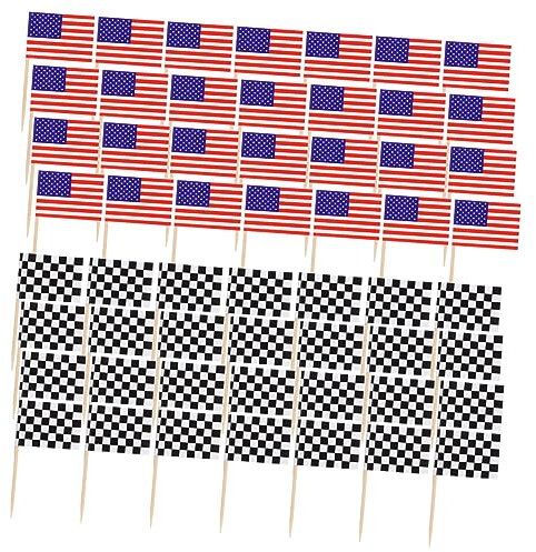 Amosfun 1 Satz Amerikanische Zahnstocher Flagge Partydekoration Party Decoration Cupcake-Halter -Cupcake-Topper Oh Cupcake Topper Mit Schwarz-weiß Karierter Flagge Kuchendeckel 200st