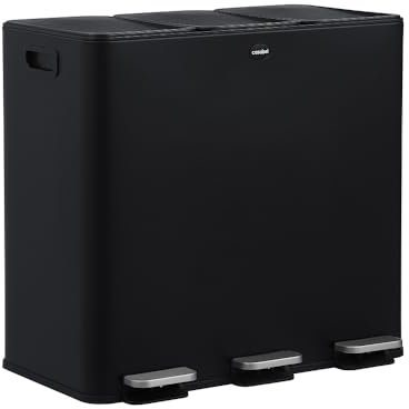 CASABEL Mülleimer Küche 60 L - Mülltrennsystem 3 x 20 L aus Rostfreiem Edelstahl, Rechteckiger Recycling-Abfalleimer mit Pedalen, Fingerabdruckschutz und Geruchsdicht, Schwarz