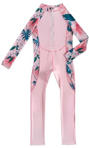 IMEKIS One Piece Swimsuit for Kid Girls Long Sleeve Floral Print Zipper Swimwear UPF 50+ Rash Guard Modest Full Body Surfing Swimming Costume for Water Sports