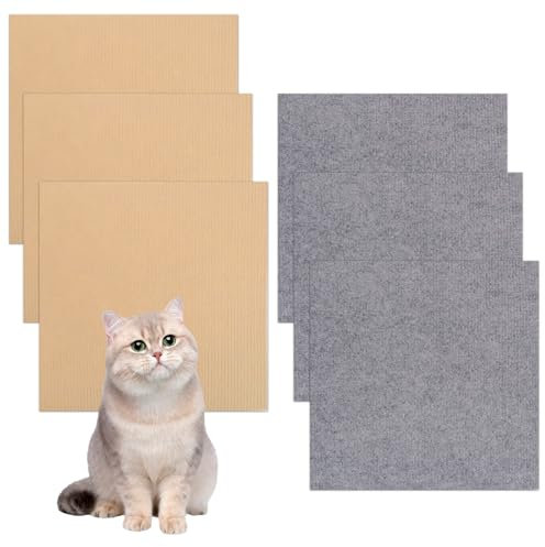 6 Stücke Selbstklebende Kratzmatte für Katzen – 30x30cm Kratzschutz für Sofa, Wand und Möbel, Anpassbarer Kratzteppich in Khaki/dunkelgrau, DIY Kratzbrett mit Anti-Kratz-Design