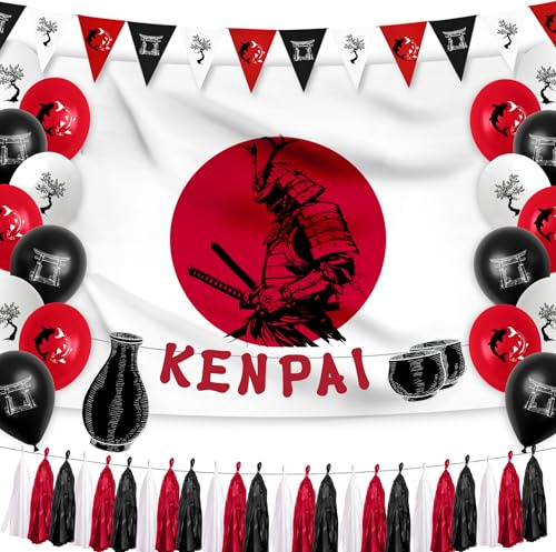 Hades Hibachi Party Dekorationen - Japanische Geburtstagszubehör - Japanisches Thema Dekor - Partyzubehör für Erwachsene und Kinder - Koi Fisch Girlande - Samurai Flagge Hintergrund - Kirschblüte