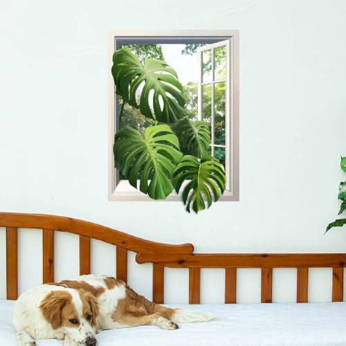 SUPERDANT 3D Window Wall Sticker 3D Monstera Leaves Wall Decor Green Plants Jungle View Peel and Stick Vinyl Art Decor Mural Decals for Home Livingroom Bedroom Bathroom Decoration